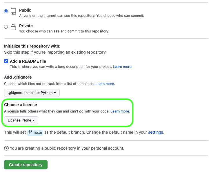View of the create new repository page on github with the licence option highlighted