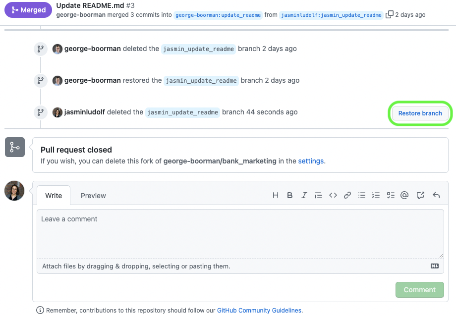 View of the restore button in a closed PR