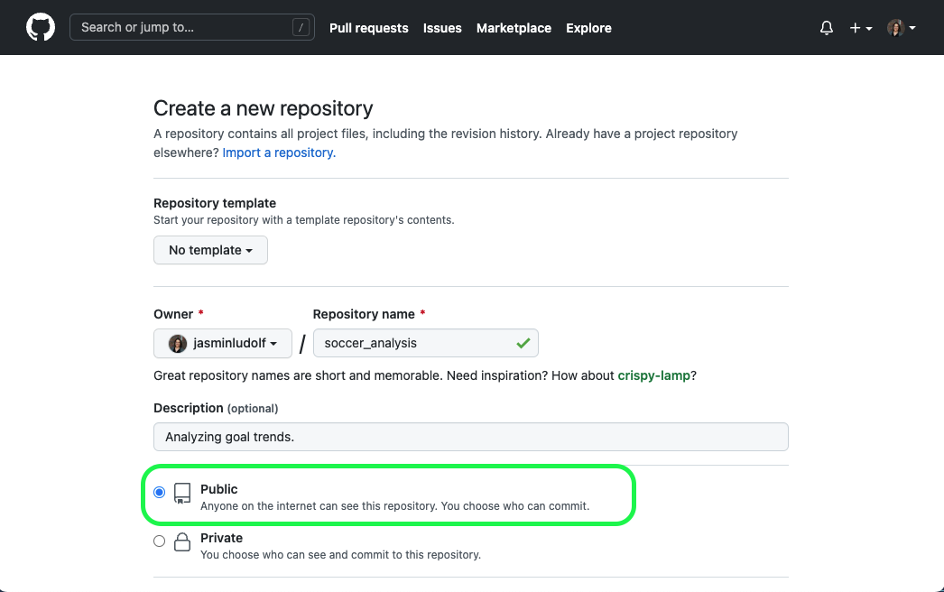 View of the create new repository page on github with the public option highlighted
