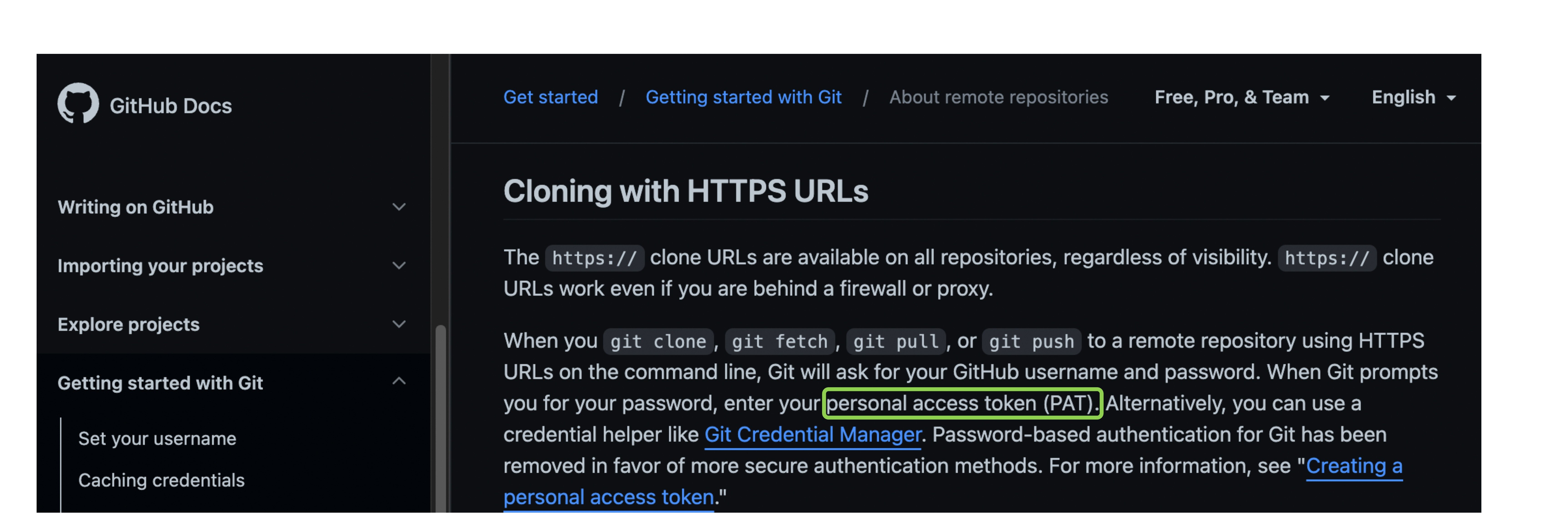 GitHub Docs page with instructions to provide a personal access token (PAT) when performing git clone, fetch, pull, or push to a remote repository.