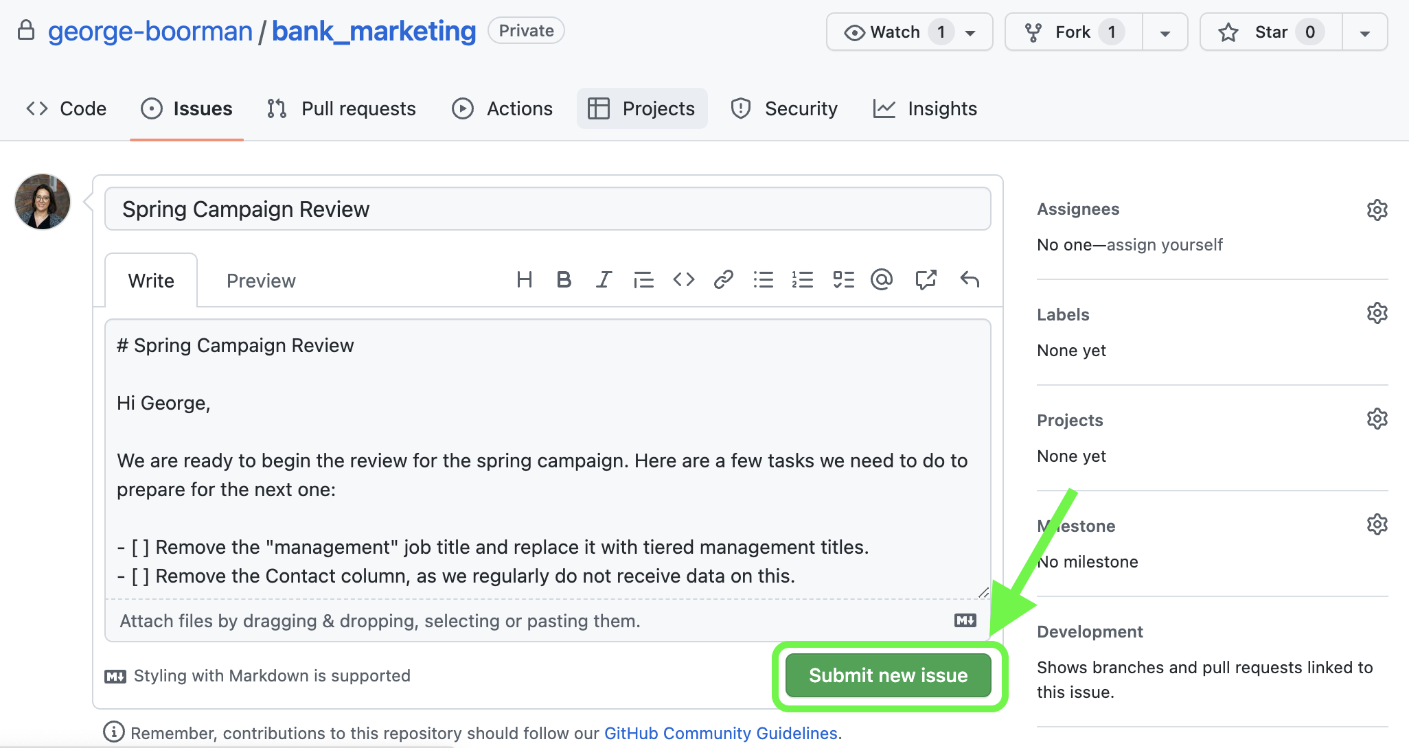 View when creating a new issue with title and body filled in and submit new issue button highlighted
