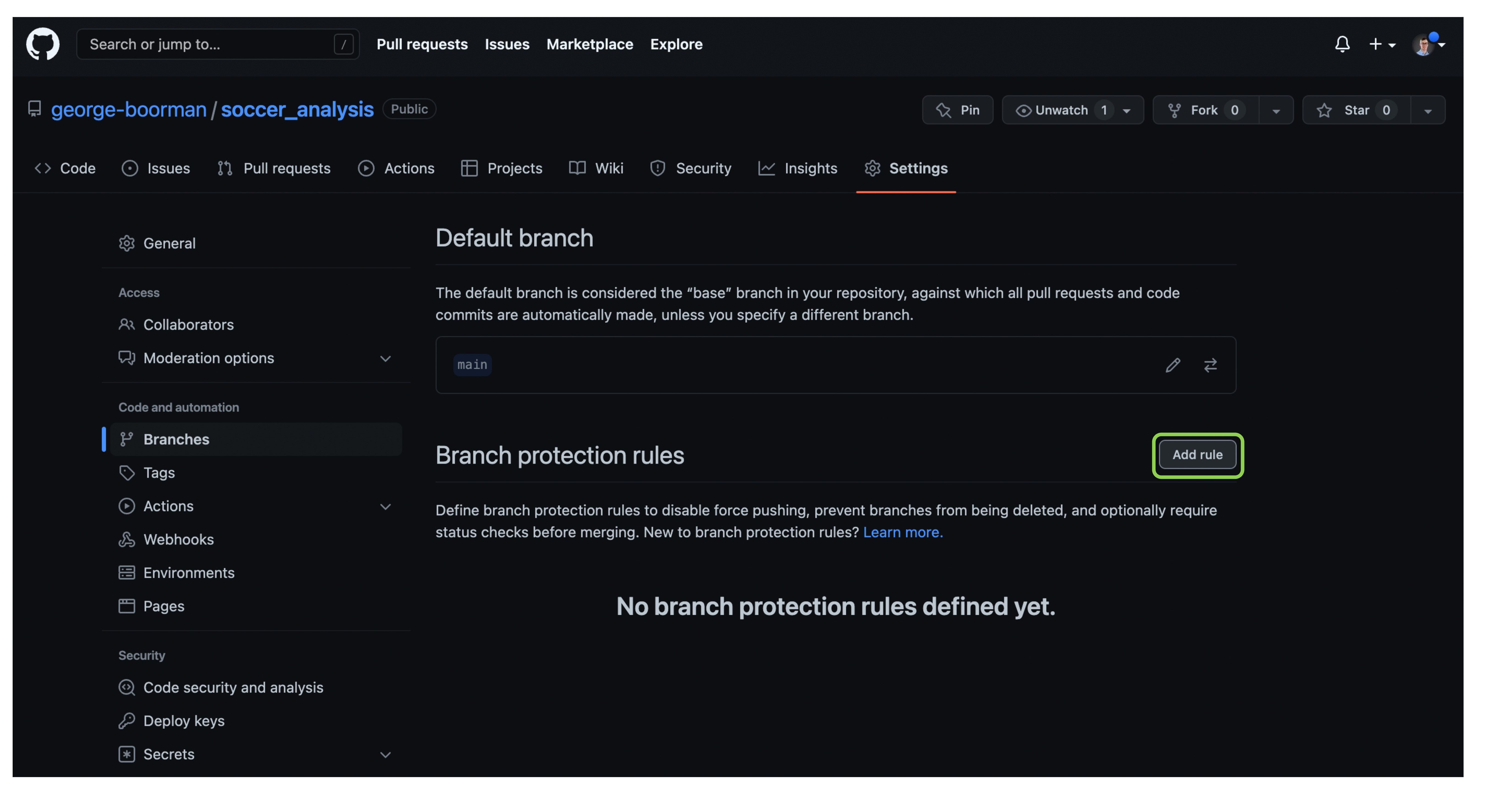 branches in the settings tab, showing Default branch as main and a section for adding Branch protection rules