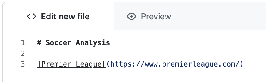 View of a markdown file edit page with syntax for a hyperlink