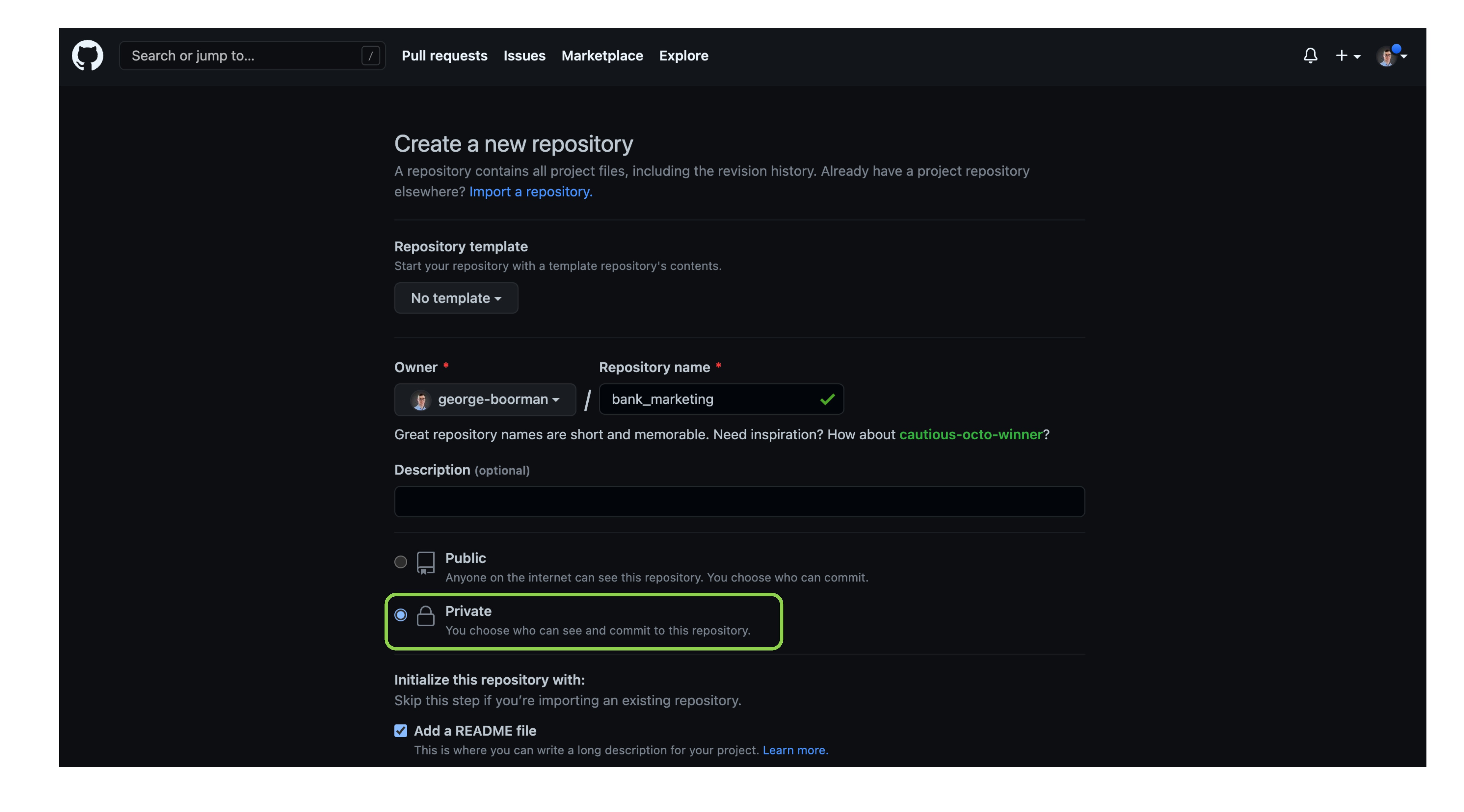 Creating a private repo called bank marketing