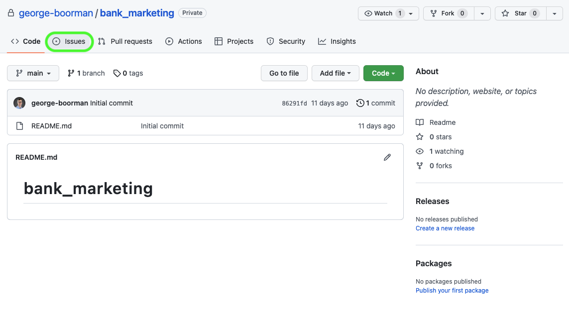 Screenshot of the main view of the private repo for bank marketing owned by George Boorman with the Issues tab highlighted