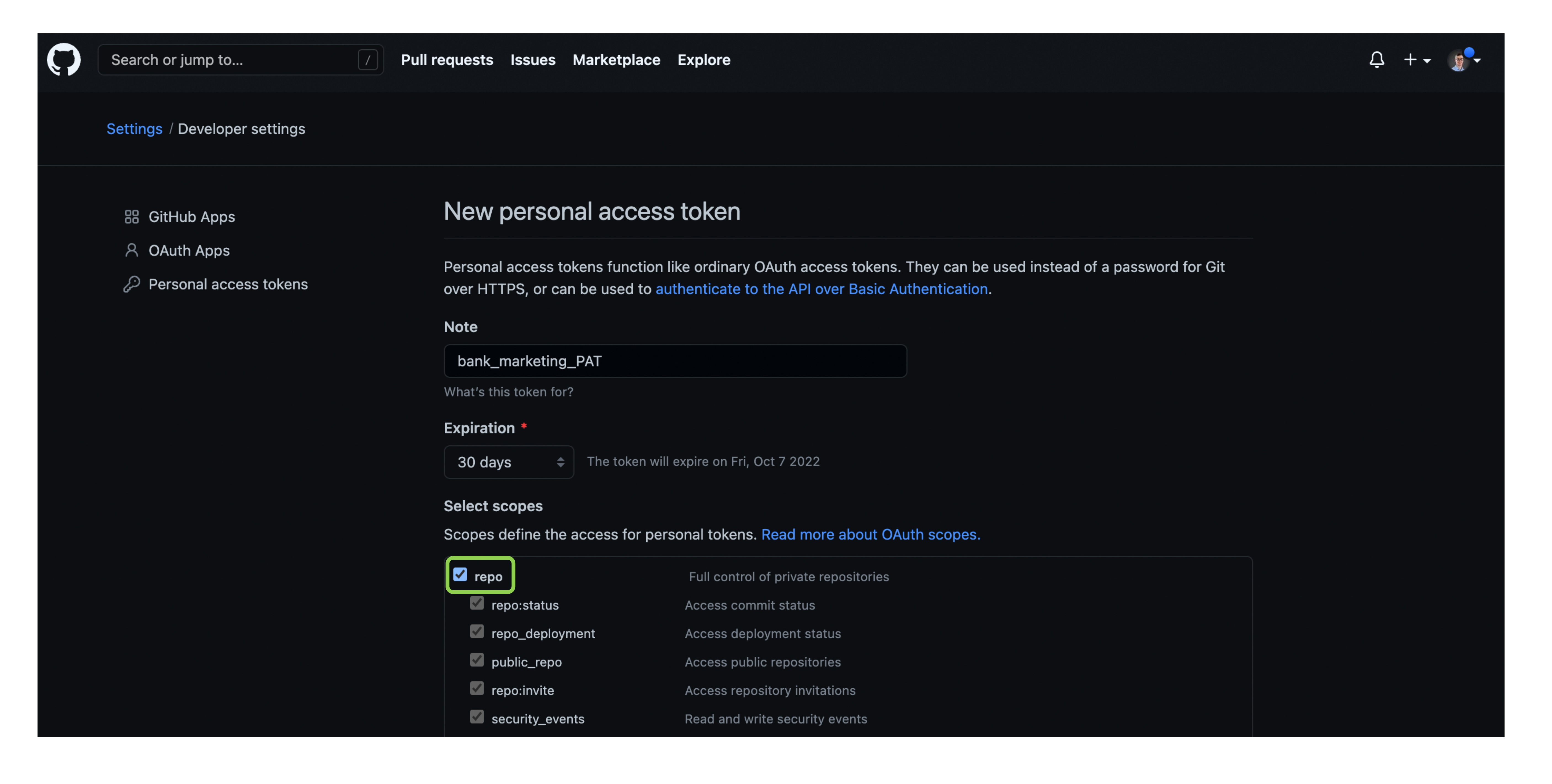 Selecting the repo access checkbox