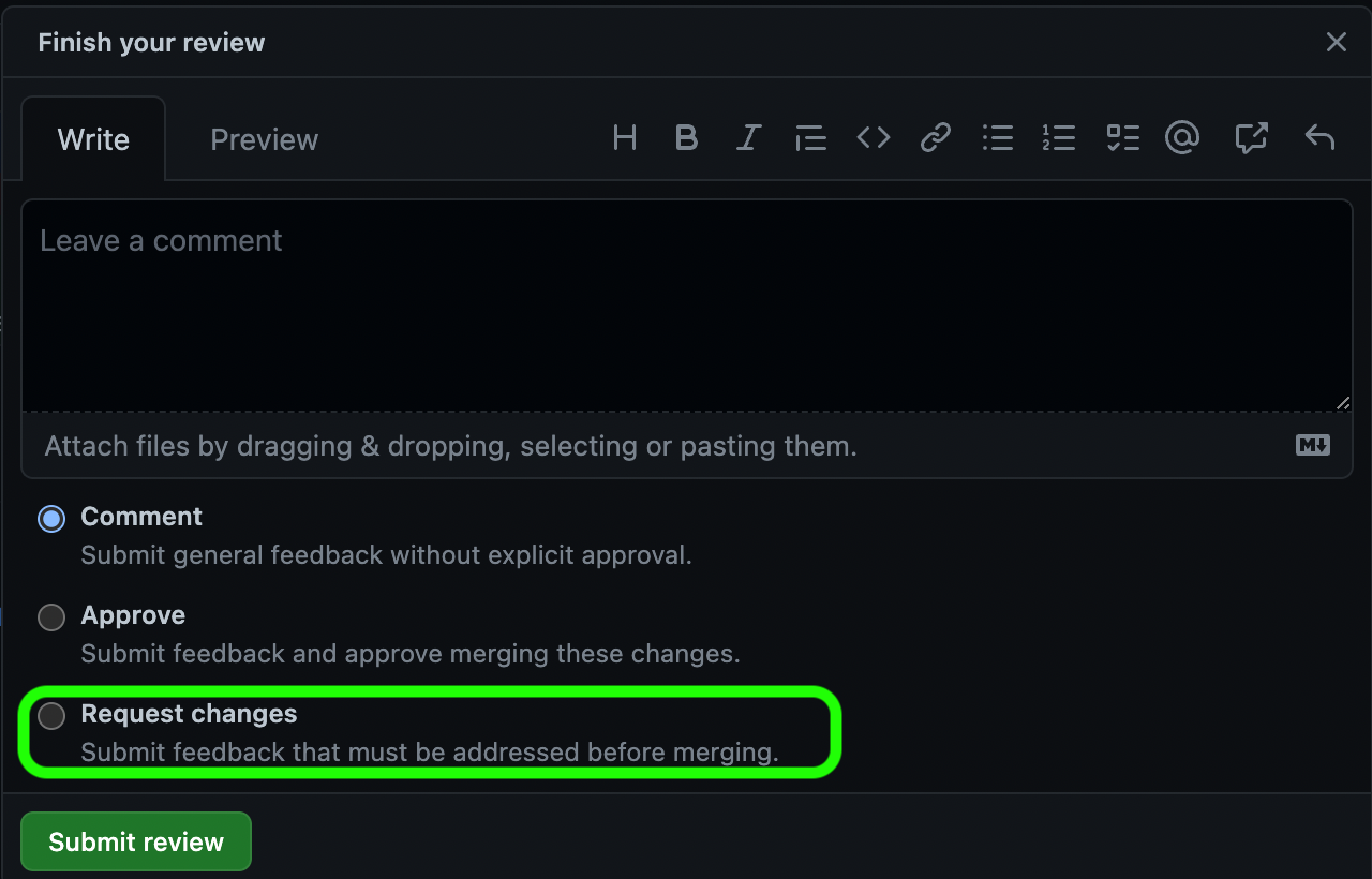 Close up view of the options to respond to a PR with a circle around the request changes option.