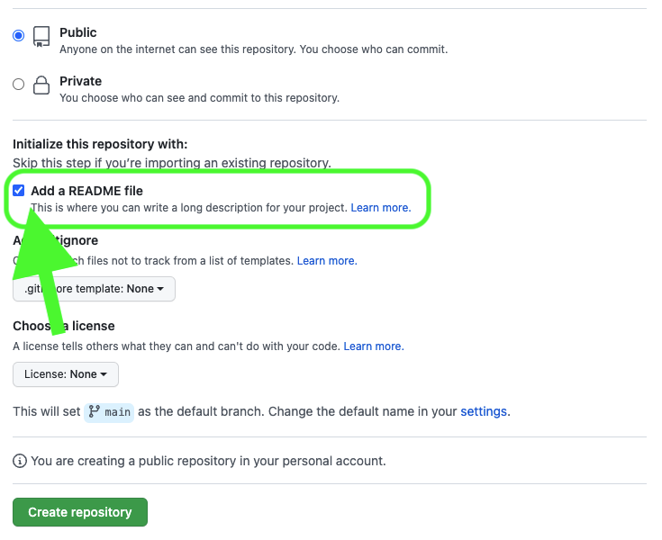 View of the create new repository page on github with the add README file selected and highlighted
