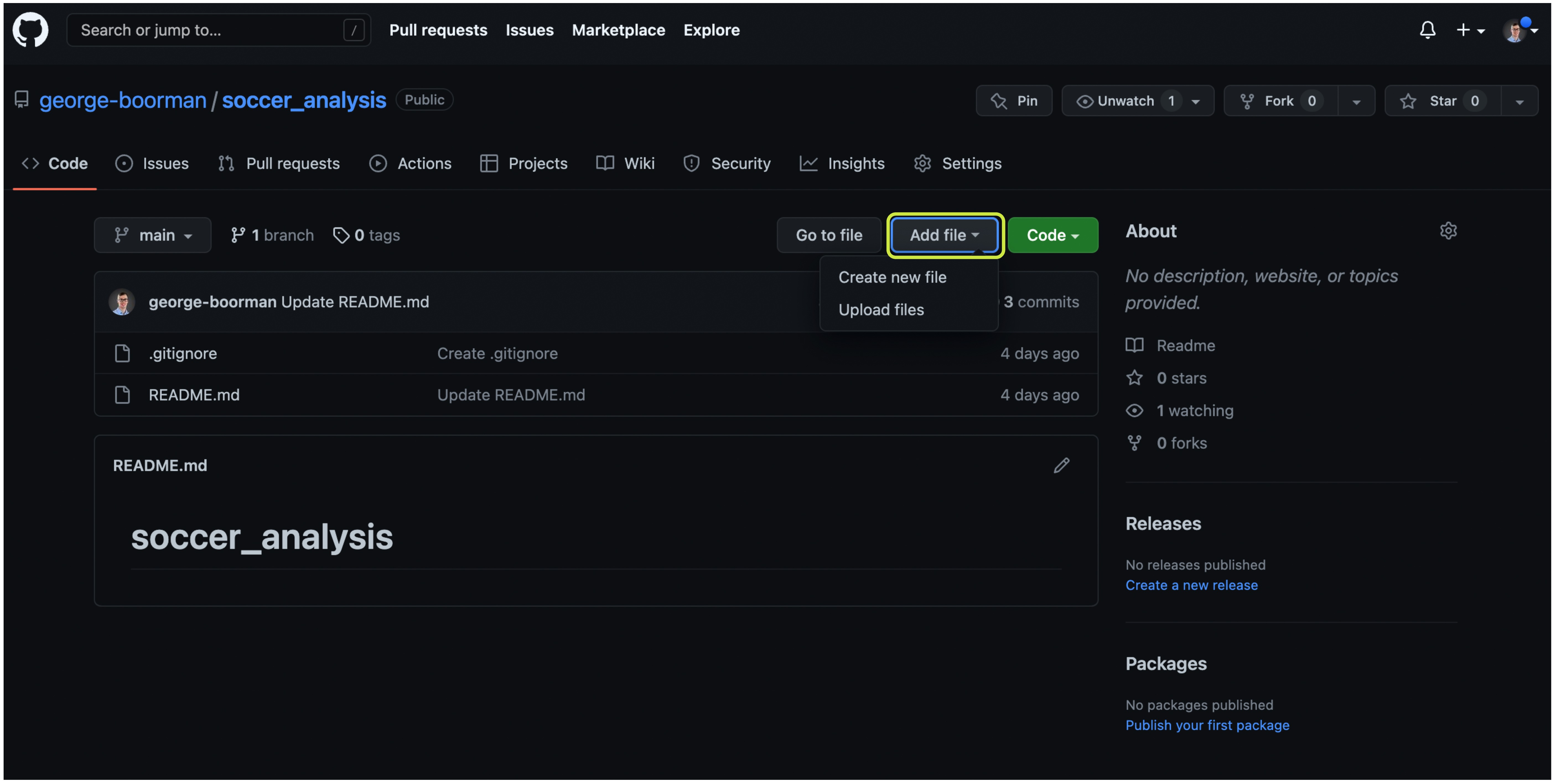 Code section of a GitHub repository with the Add file button highlighted