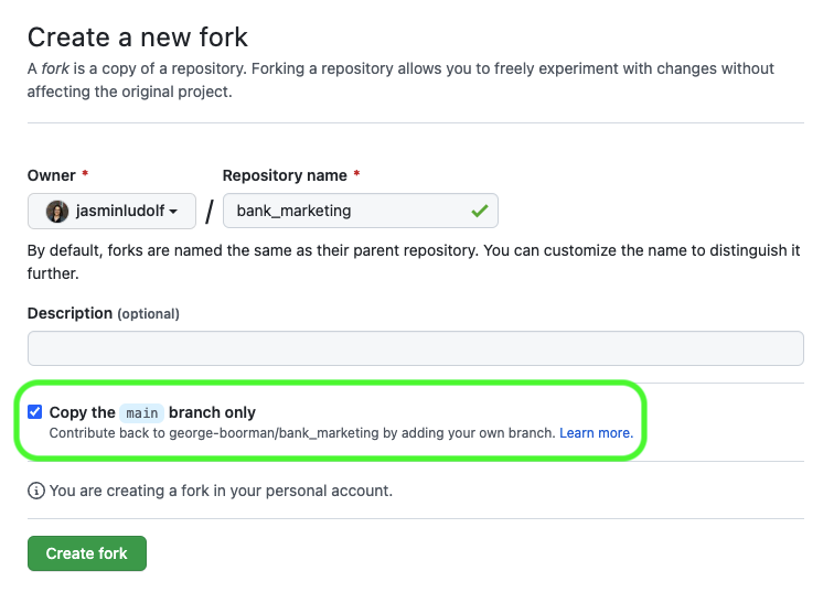 View of the create new fork page with the branch section highlighted