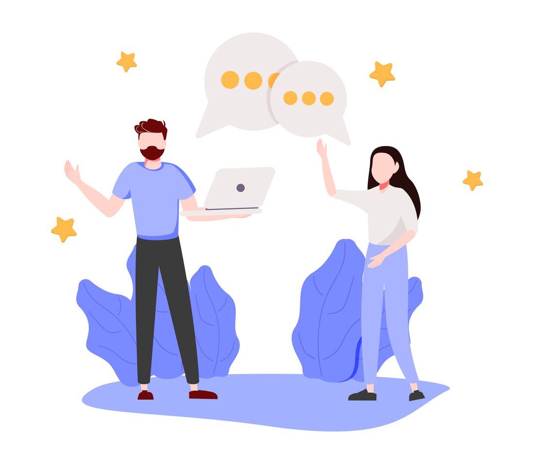 Illustration showing two colleagues communicating with each other, there are two speech bubbles and one is holding a laptop.