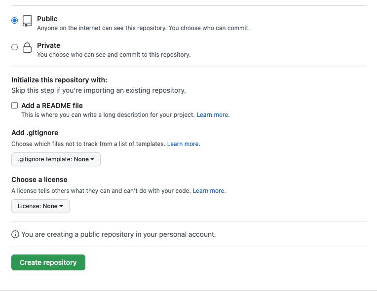 View of the create new repository page on github