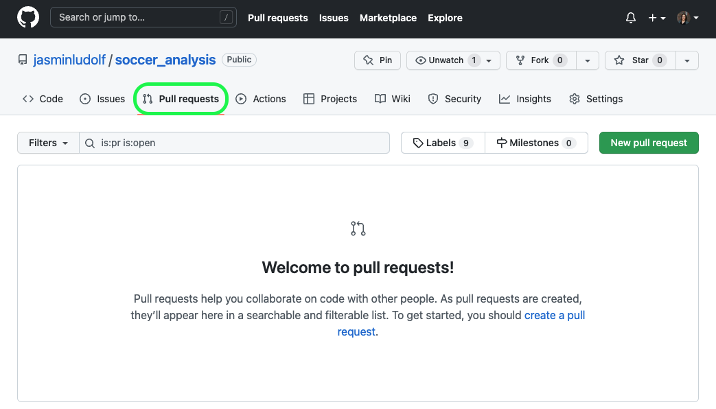 View of soccer analysis repo with the Pull Requests tab highlighted