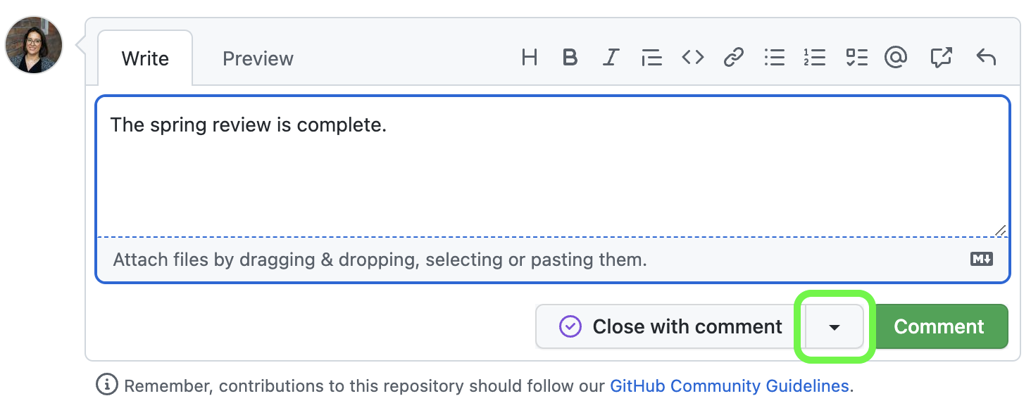 View of the closing comment with the dropdown arrow highlighted