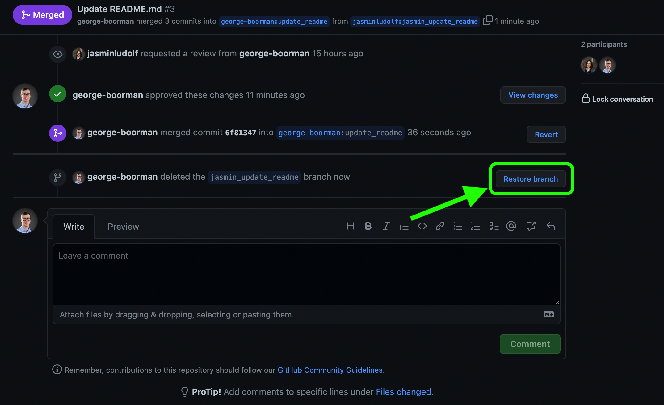 Owner view of a merged PR with the restore branch button highlighted