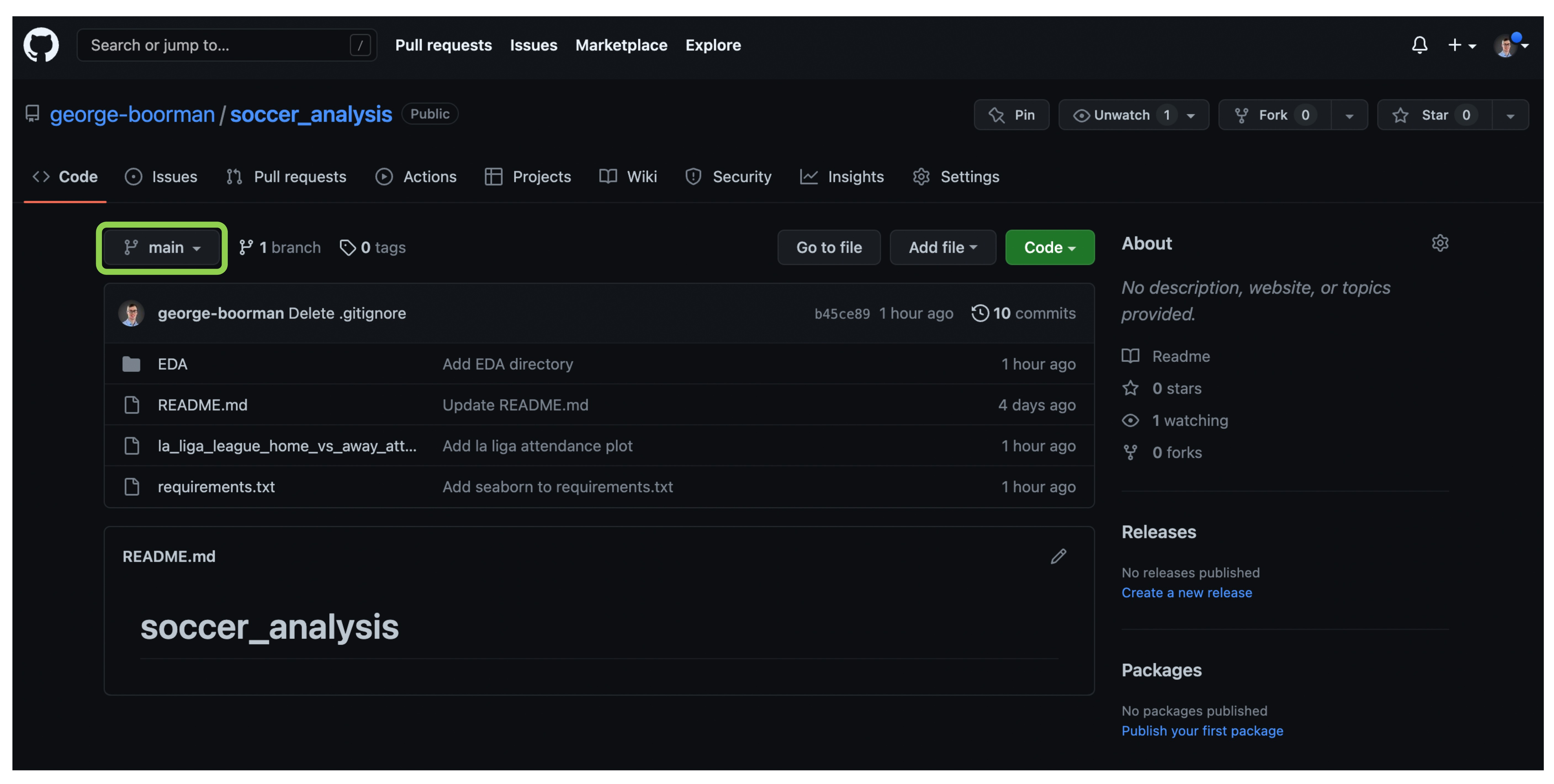 current branch highlighted in the code section of the repo