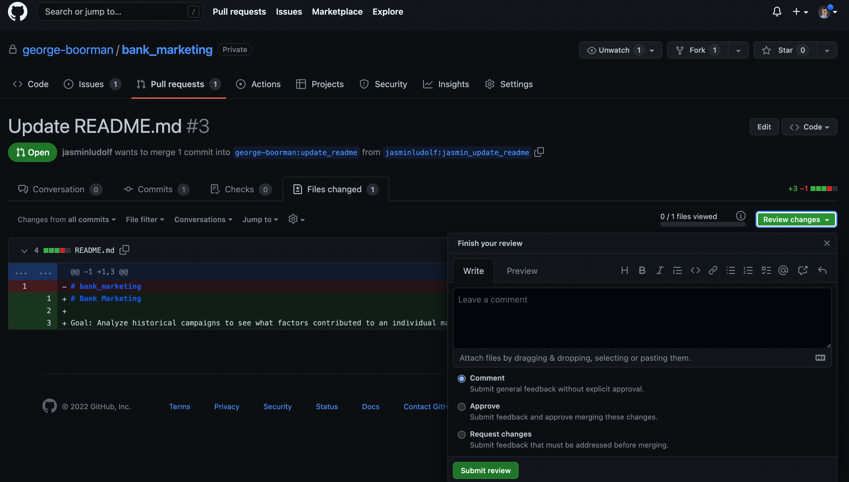 Owner view of the files changed tab in a PR with the review changes dropdown visible