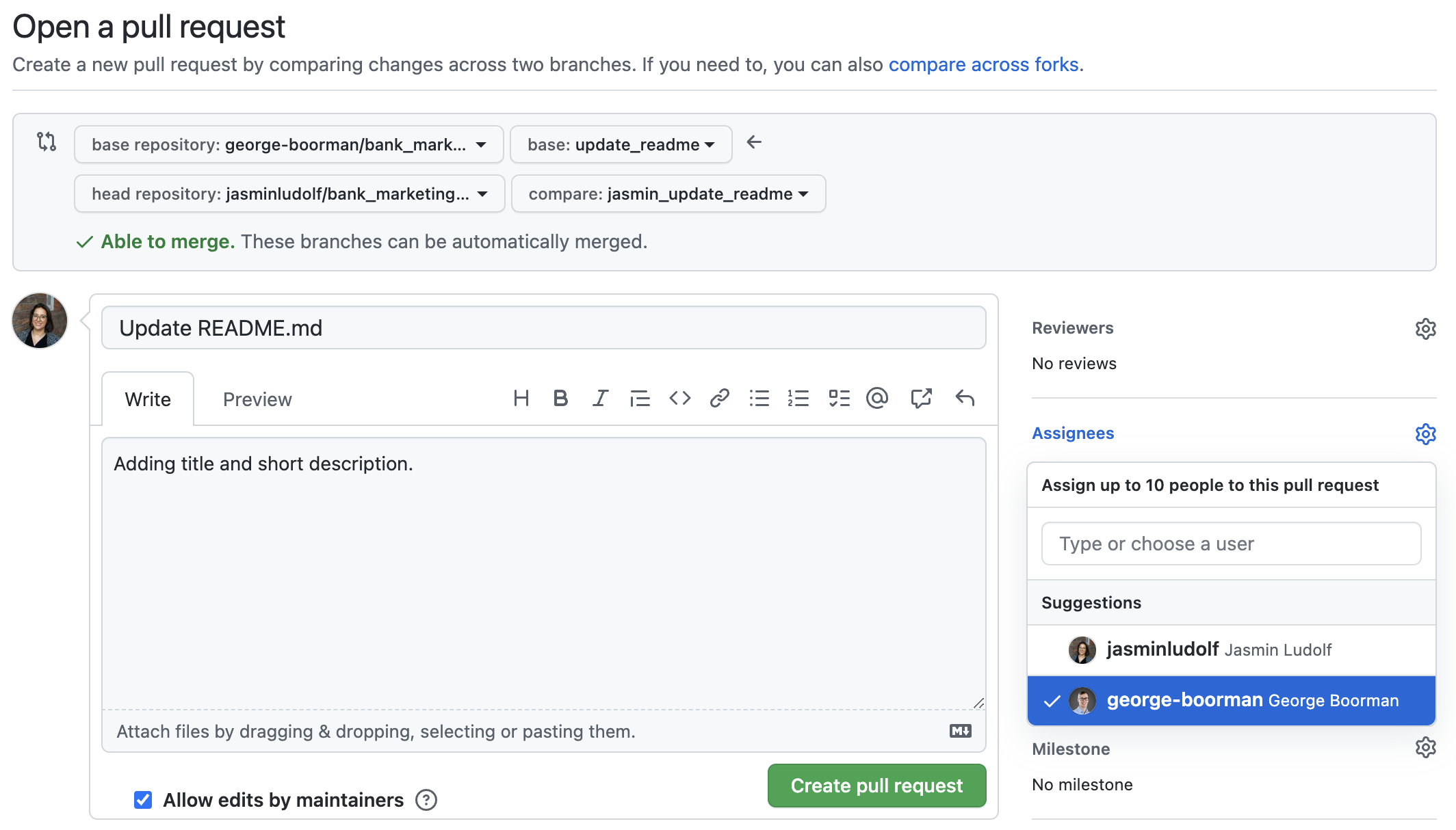 View to assign a pull request