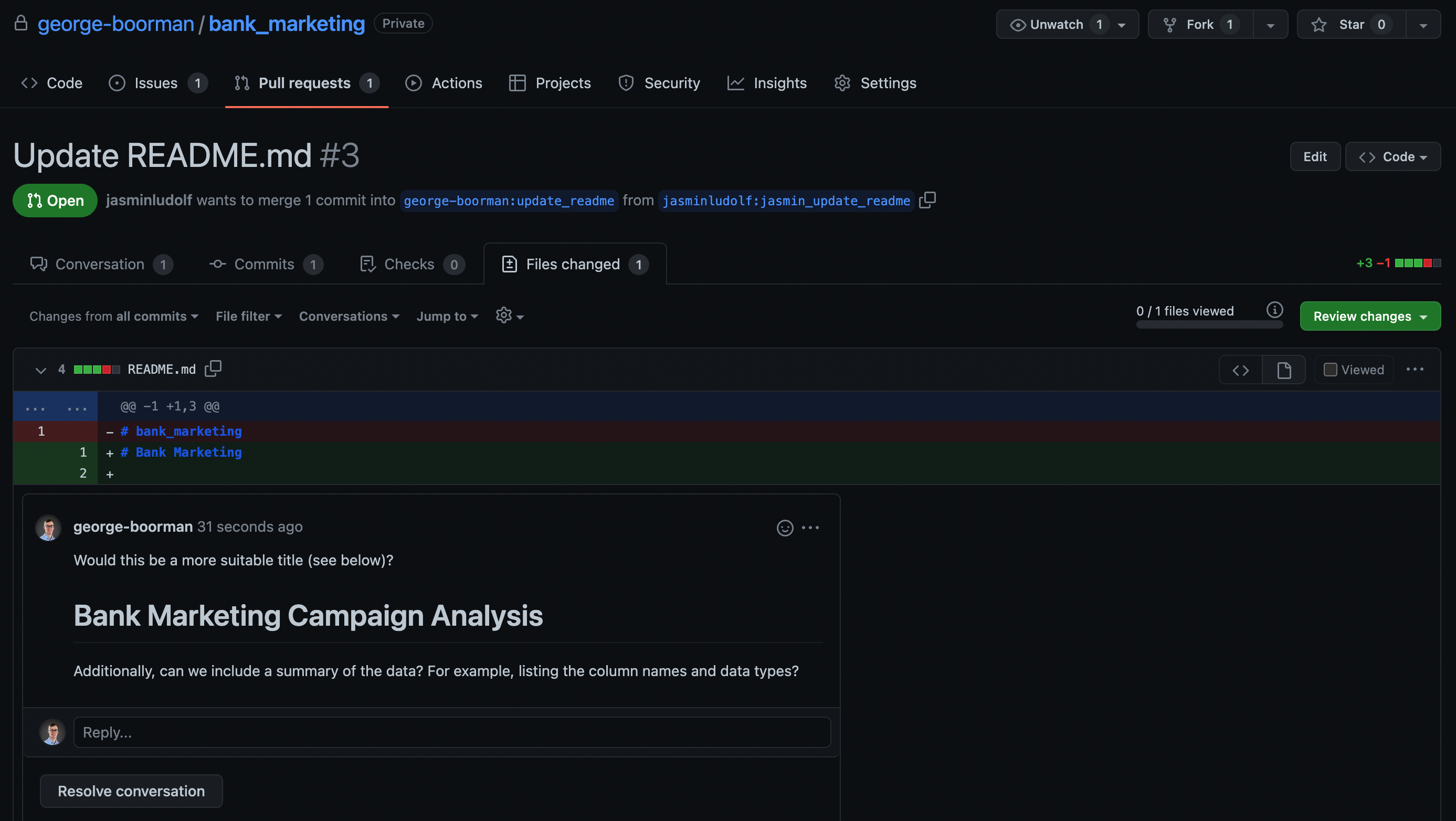 Owner view of the files changed tab in a PR with comment box for multiple lines