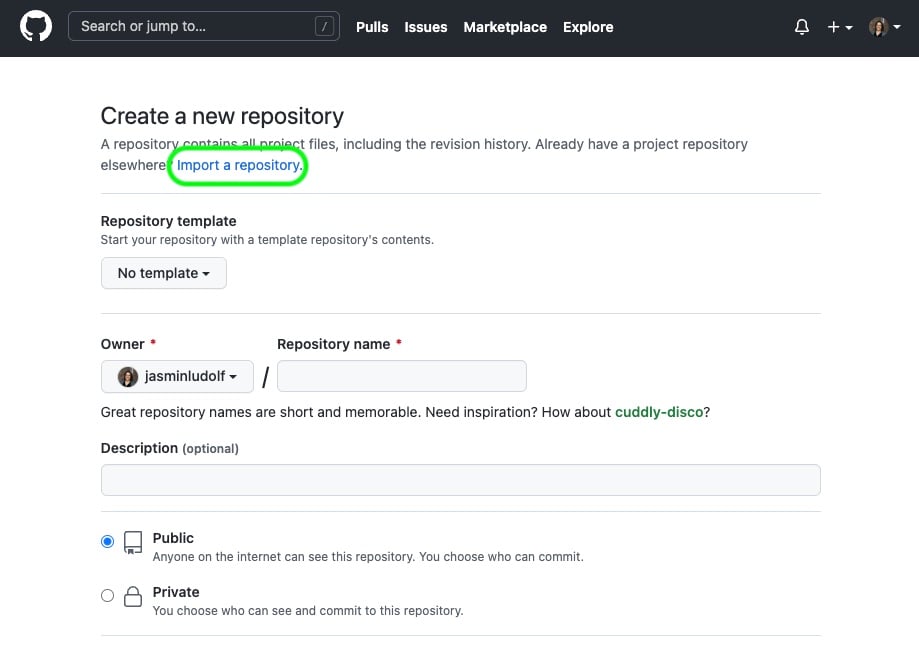 View of the create new repository page on github with the import option highlighted