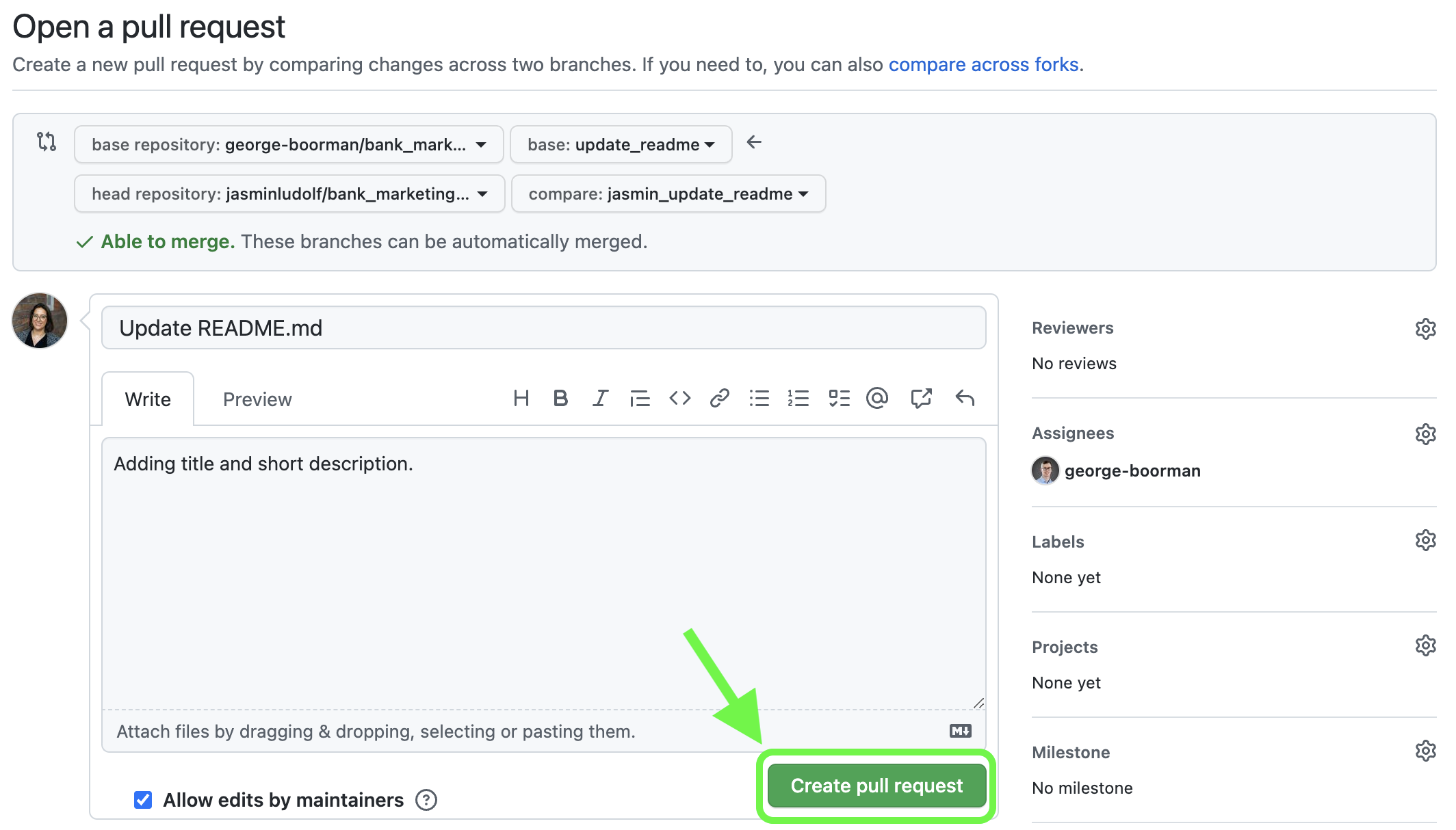 View to open a pull request with the create pull request button highlighted