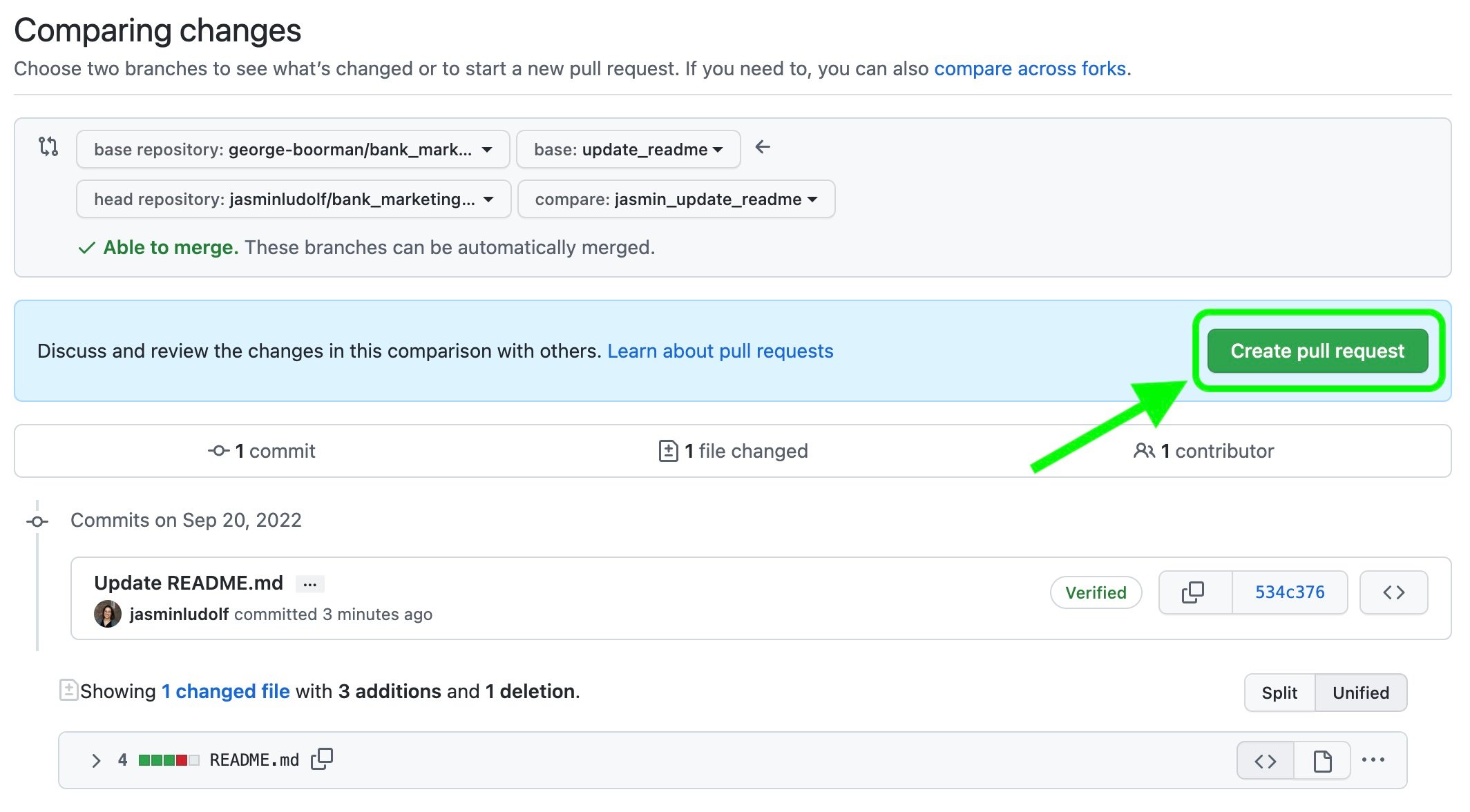 View comparing changes highlighting the create pull request button