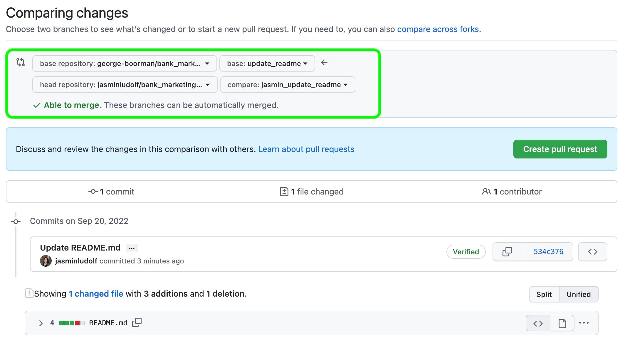 View comparing changes highlighting the base and compare branches
