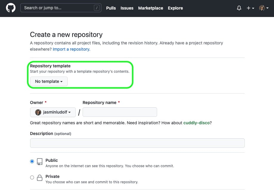 View of the create new repository page on github with the template option highlighted