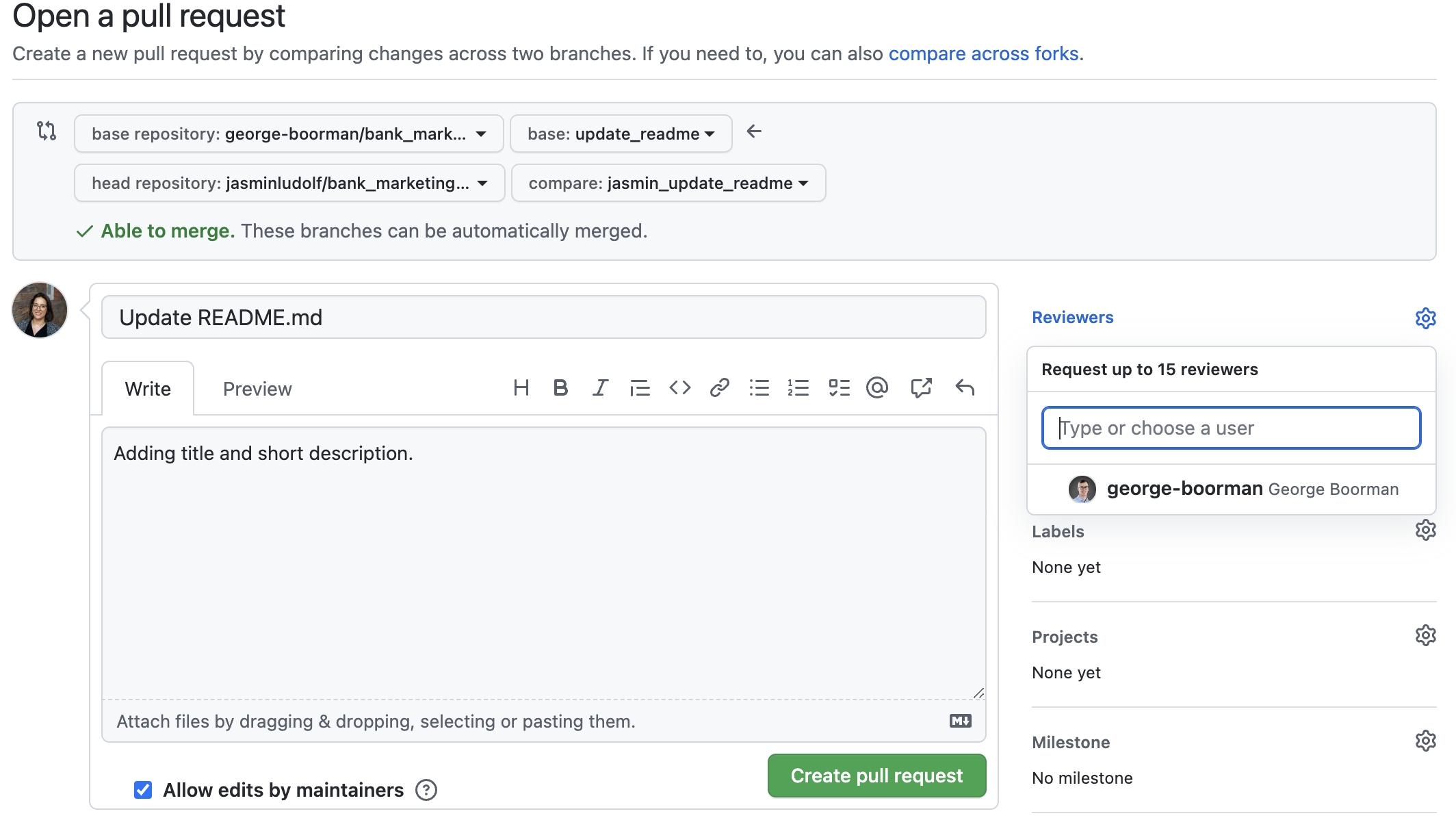 View of pull request with the reviewer section visible