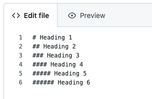 View of a markdown file edit page with syntax for all six heading types