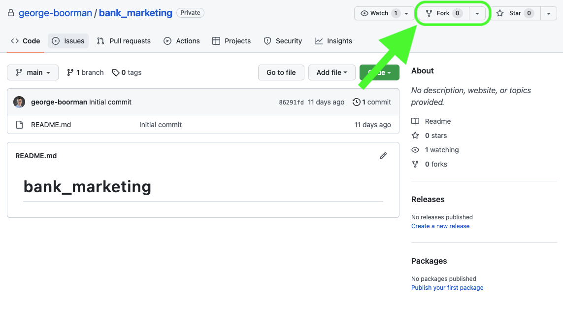 Screenshot of the main view of the private repo for bank marketing owned by George Boorman and the fork button is highlighted