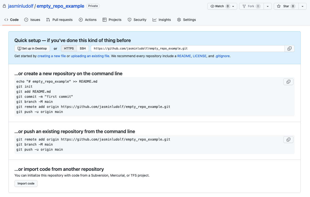 View of an empty repository and where to get the clone link