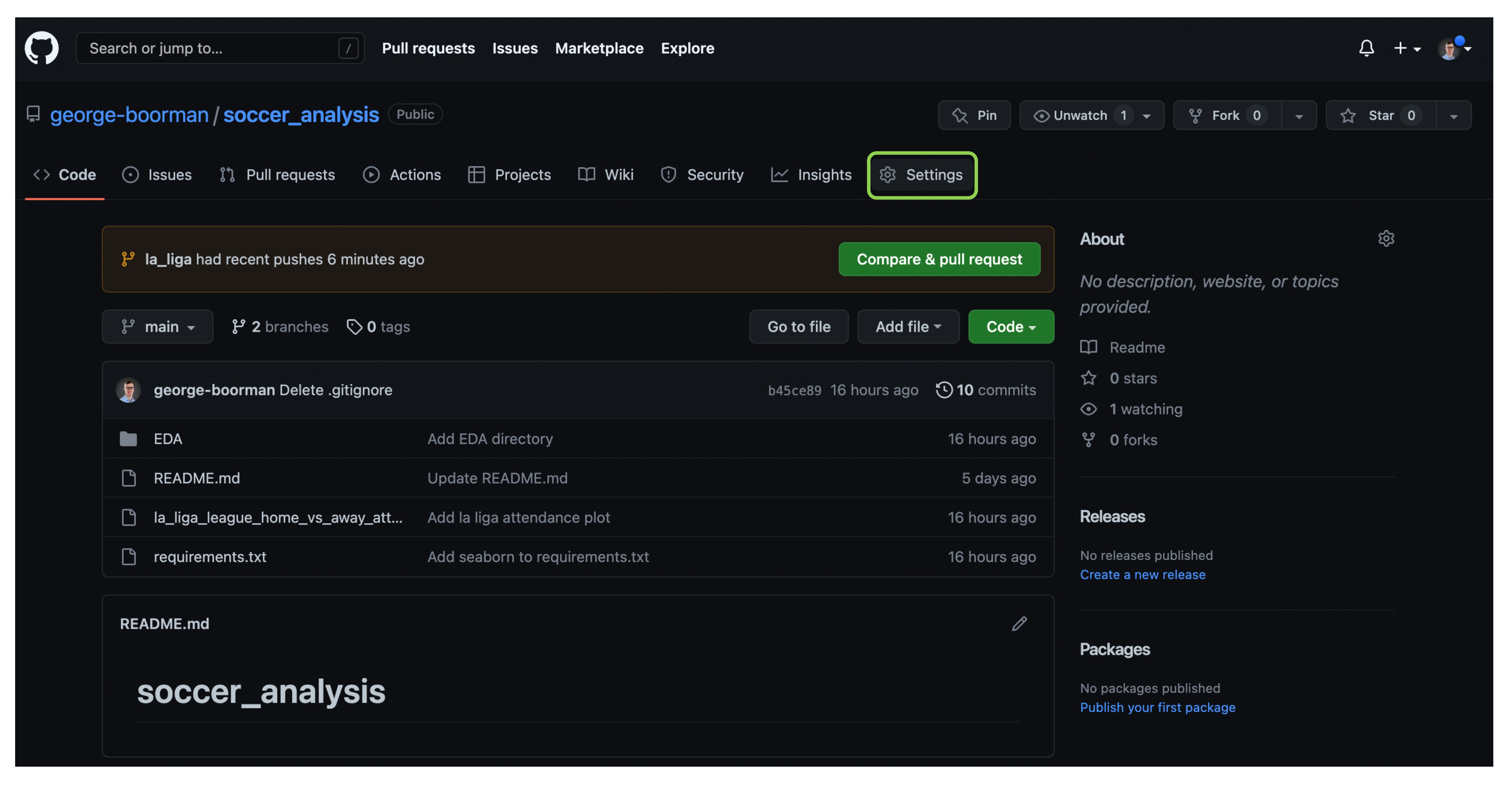 Settings section of repo highlighted