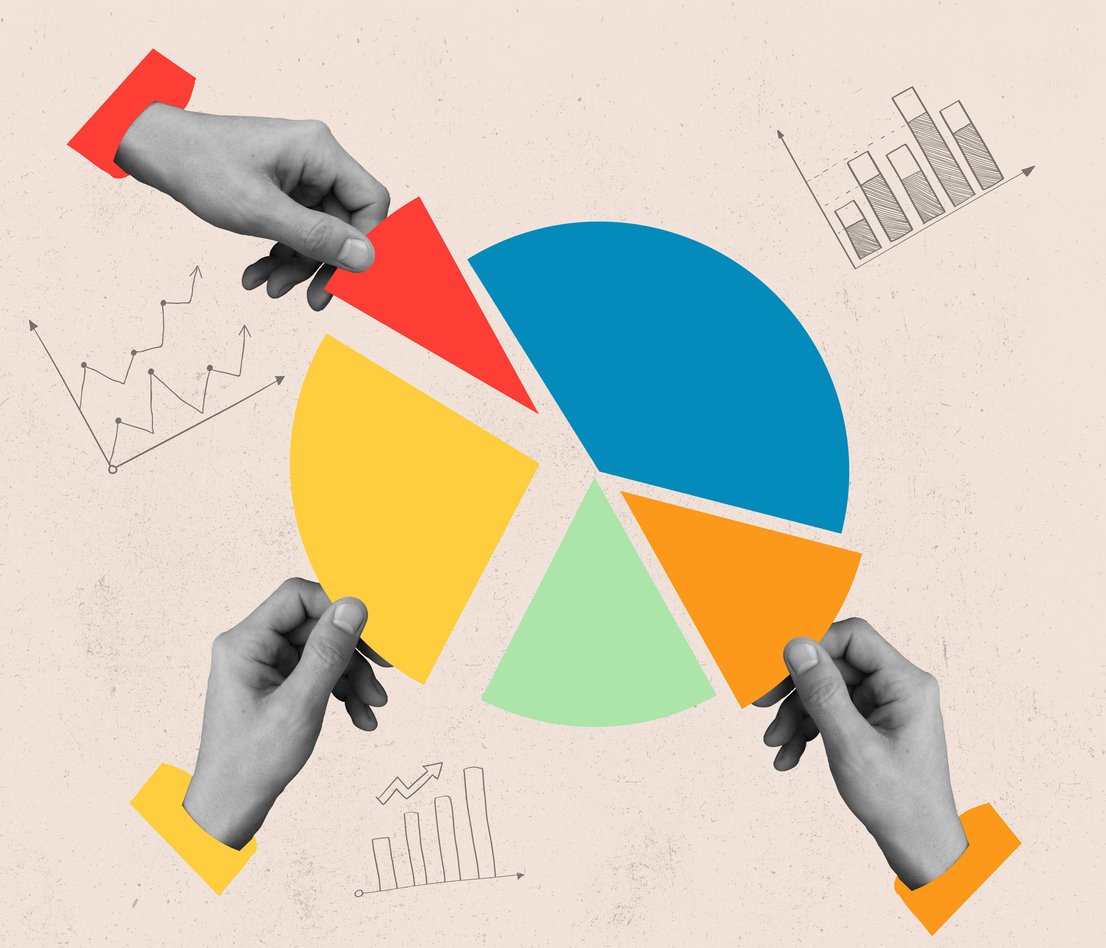 hands pulling different sections of a pie chart