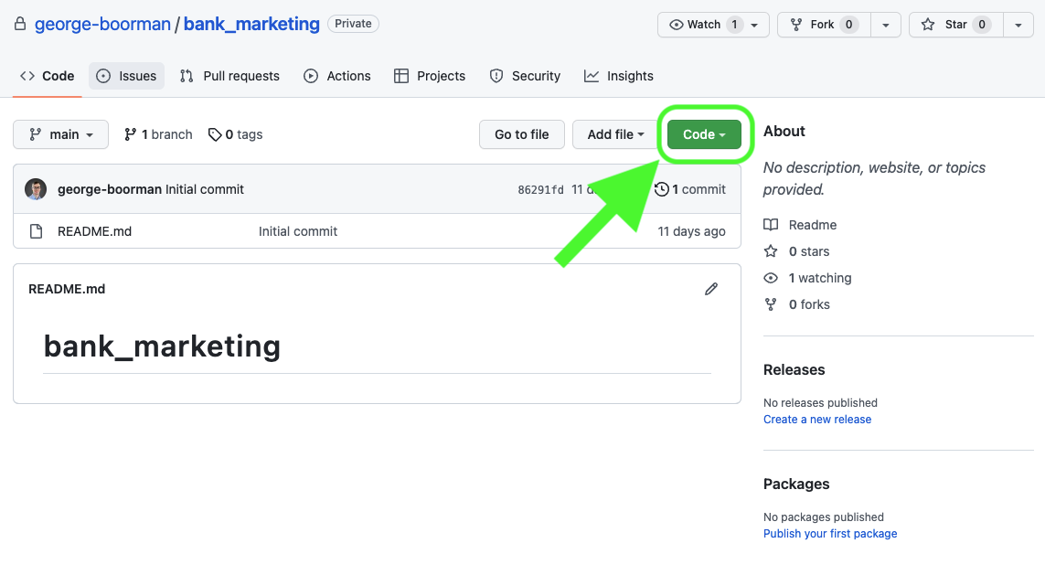 View of the bank marketing repo with a green circle around the Code button and an arrow pointing towards it.