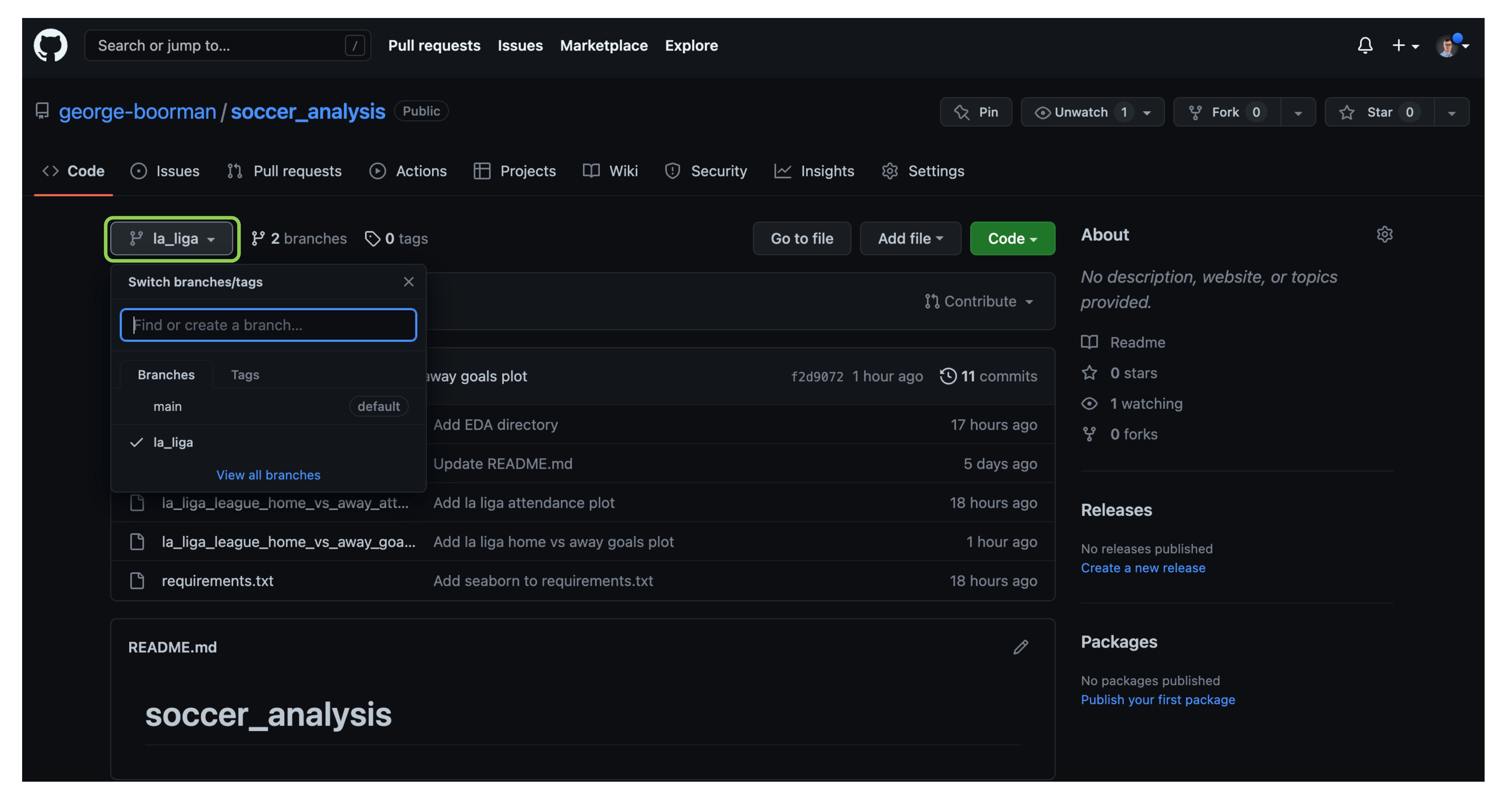 dropdown menu listing active branches main and la_liga