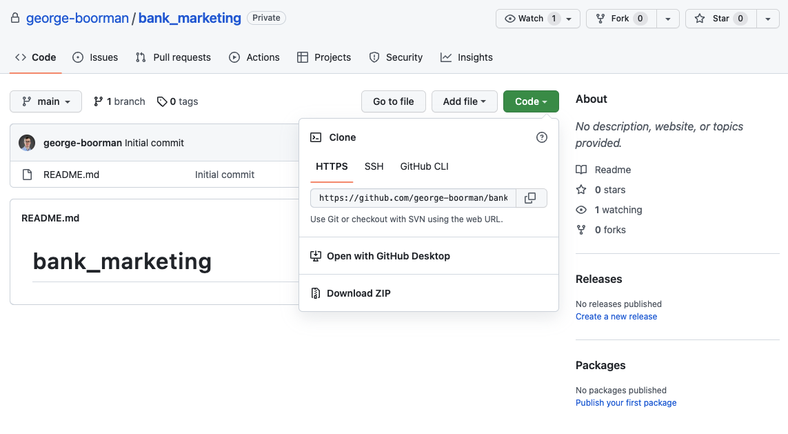 View of the dropdown menu after clicking the Code button on a GitHub repo.