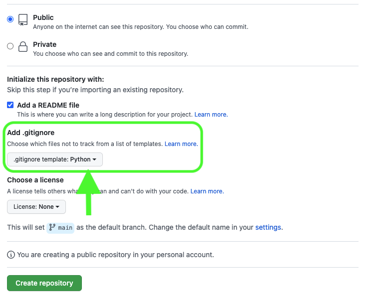 View of the create new repository page on github with the gitignore option highlighted with the Python template selected