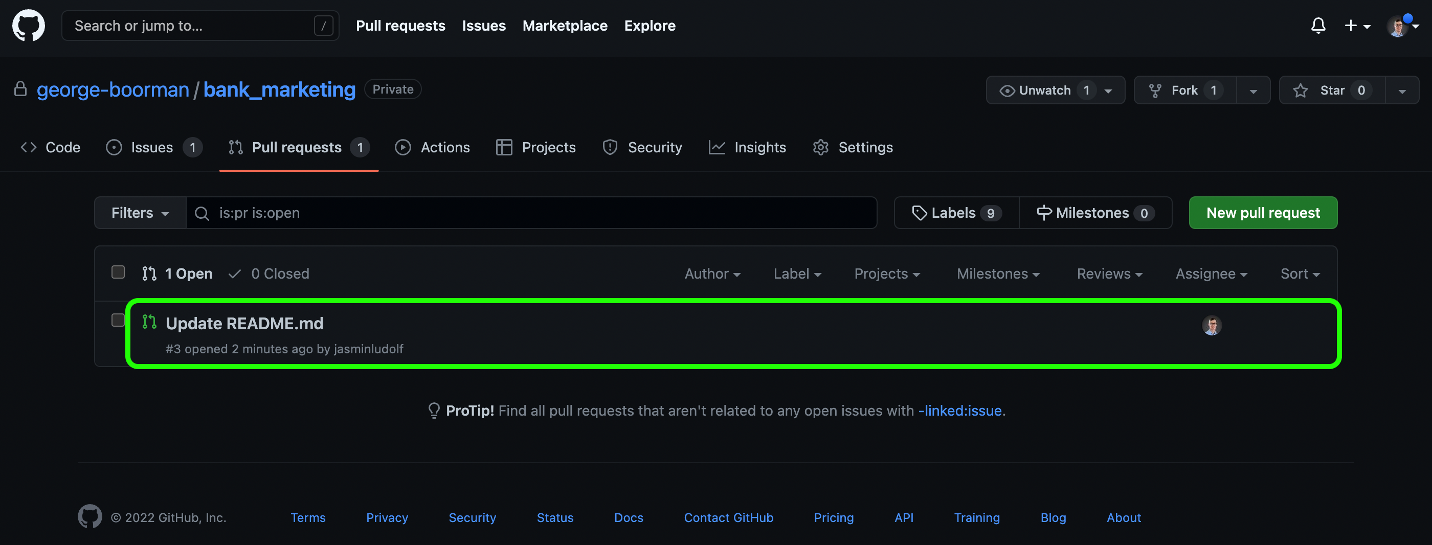Owner view of the PR tab highlighting the PR we are clicking on
