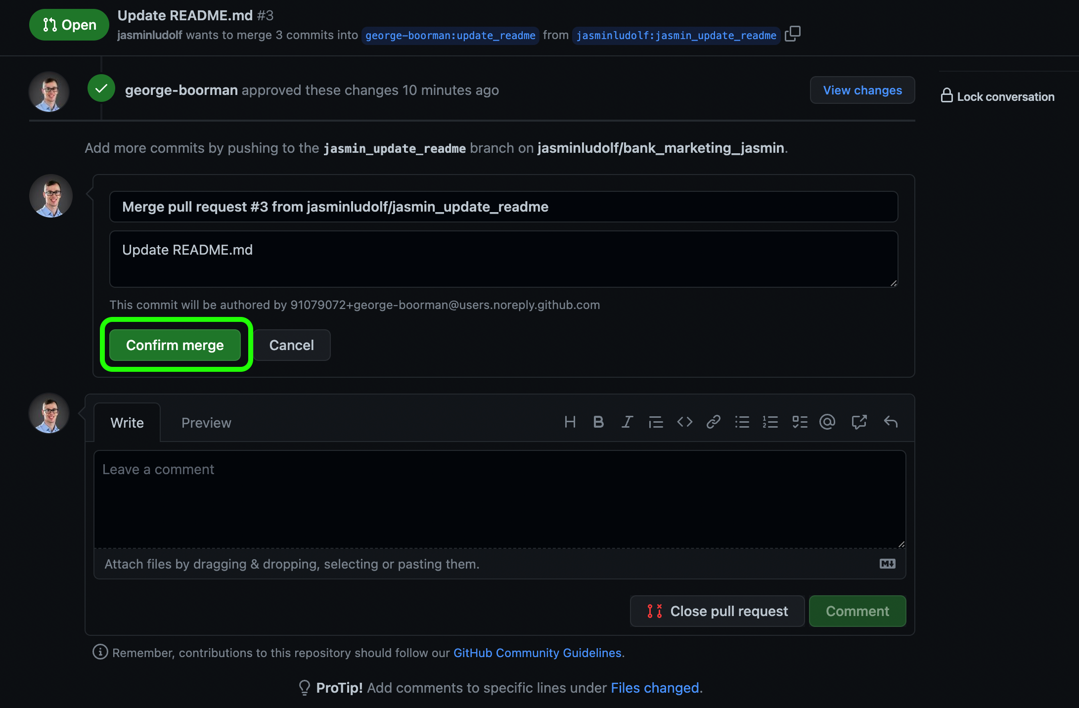 Owner view of an approved PR with the confirm merge button highlighted