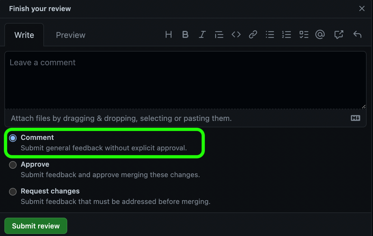 Close up view of the options to respond to a PR with a circle around the comment option.