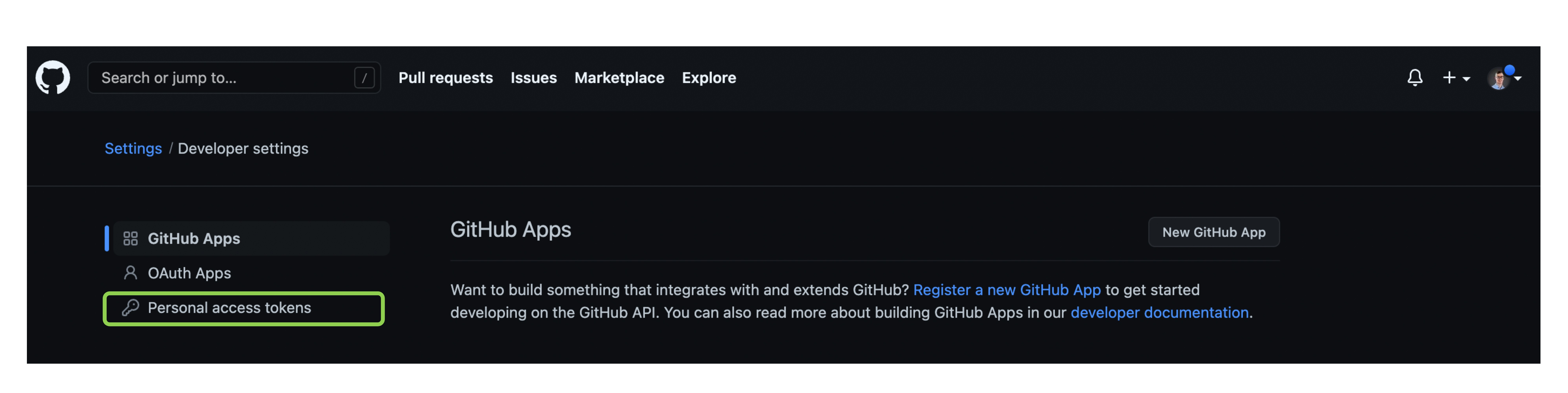 Developer settings page with three options: GitHub Apps, OAuth Apps, and Personal access tokens