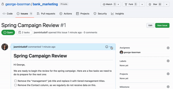 Animated image showing the process to tag a user in an issue but using the at symbol and username.