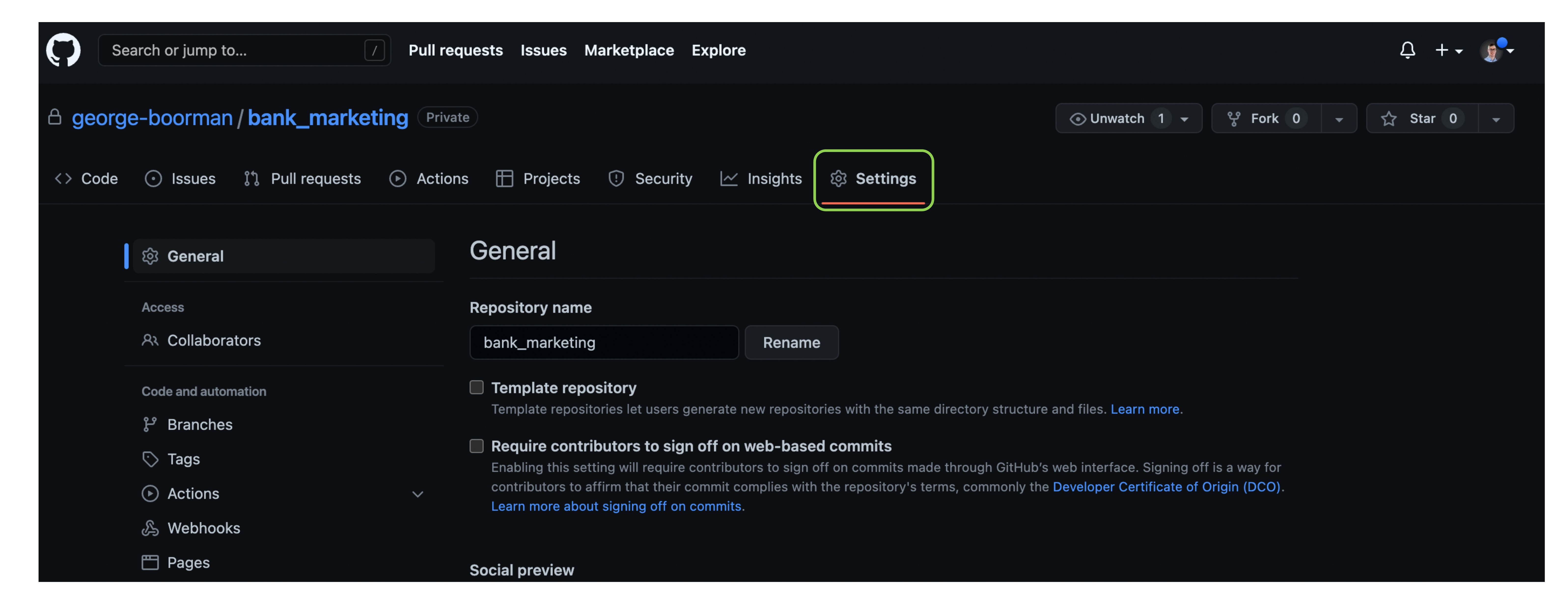 Settings tab with Collaborators in the Access section