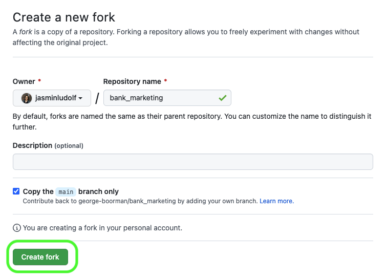 View of the create new fork page with the Create fork button highlighted