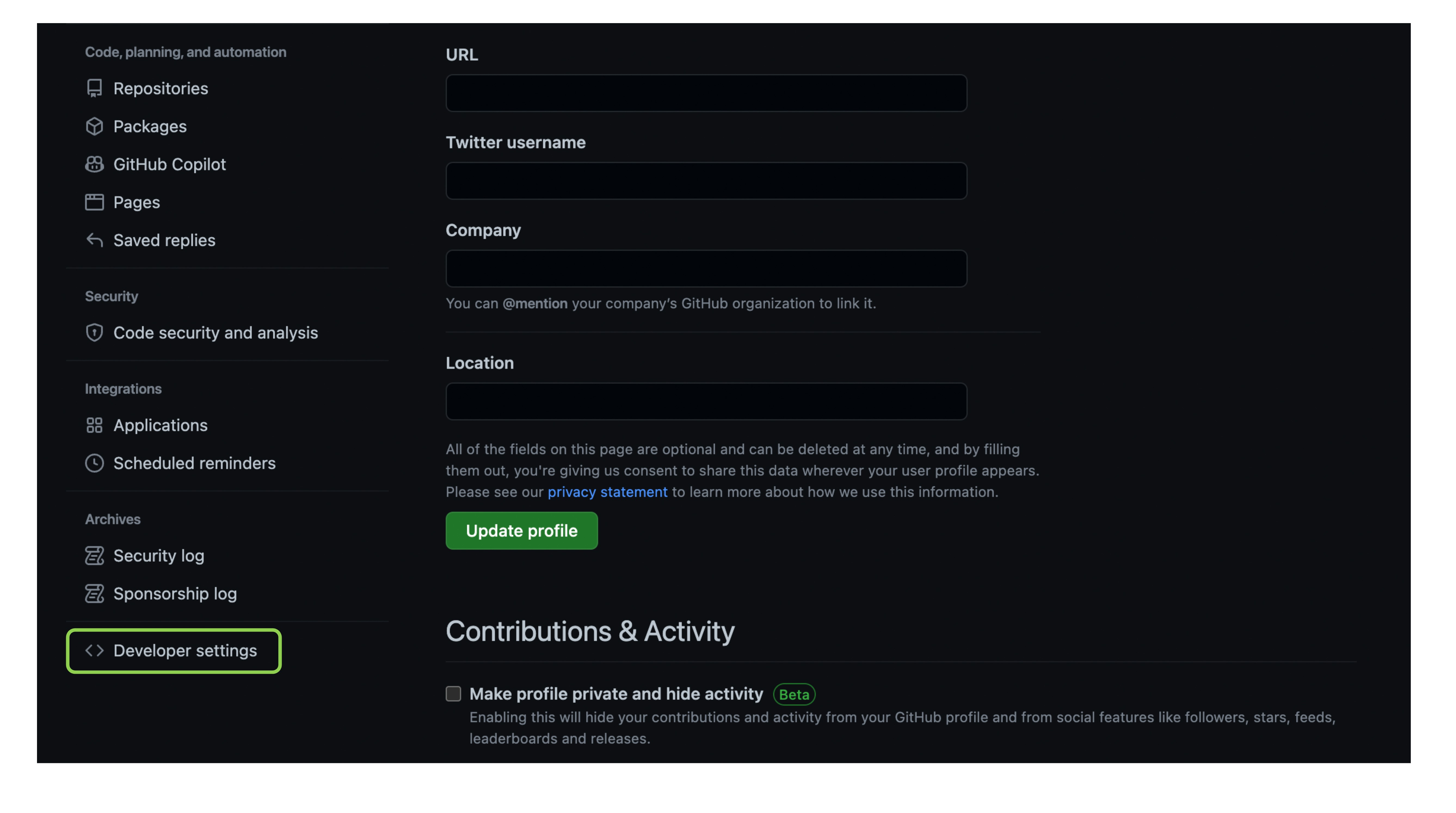 Developer settings in our settings page