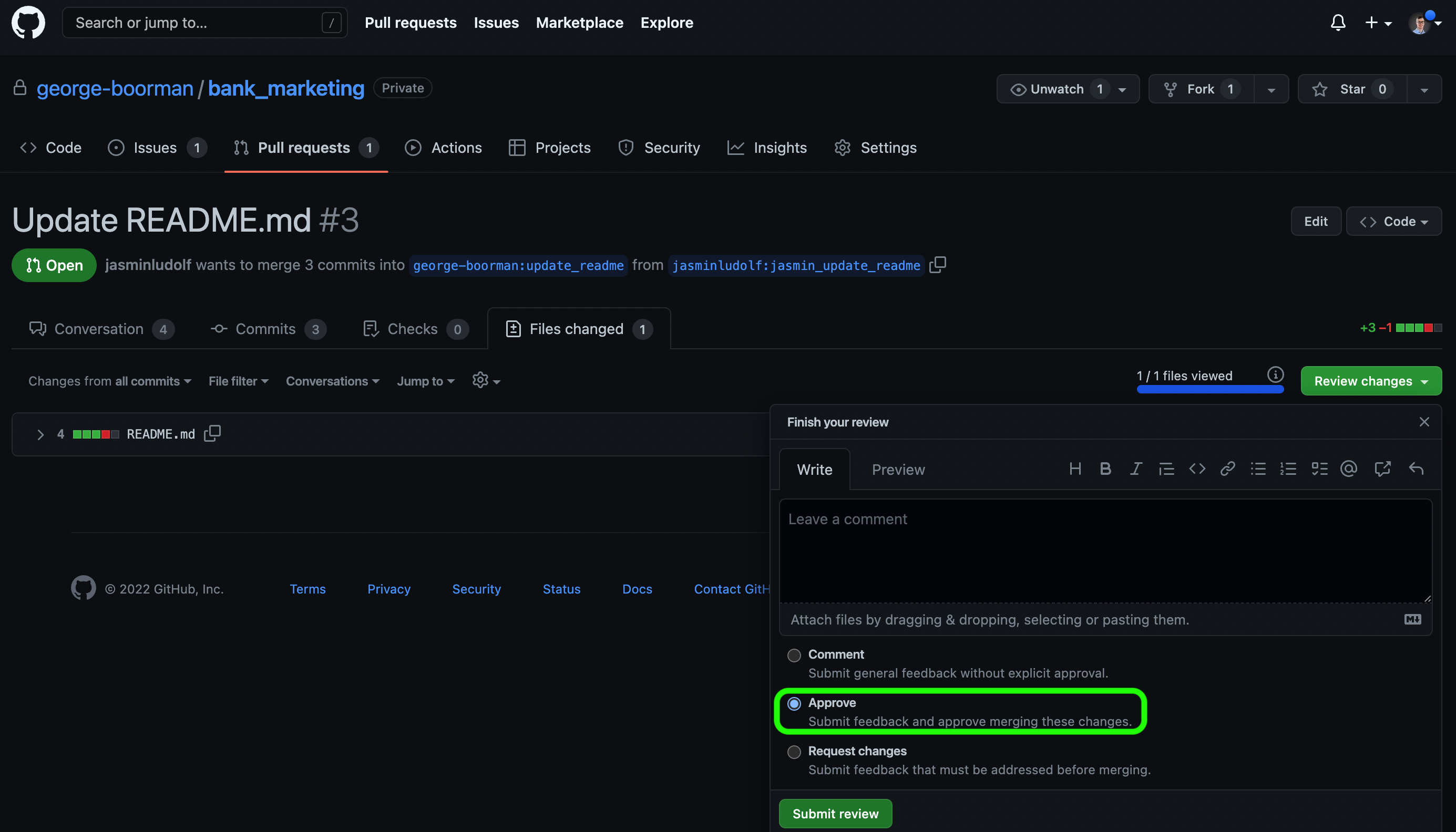 Owner view of a PR with the Approve option highlighted