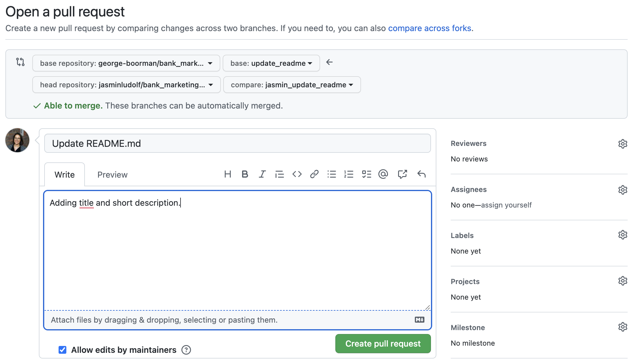 View to add more detail to a pull request