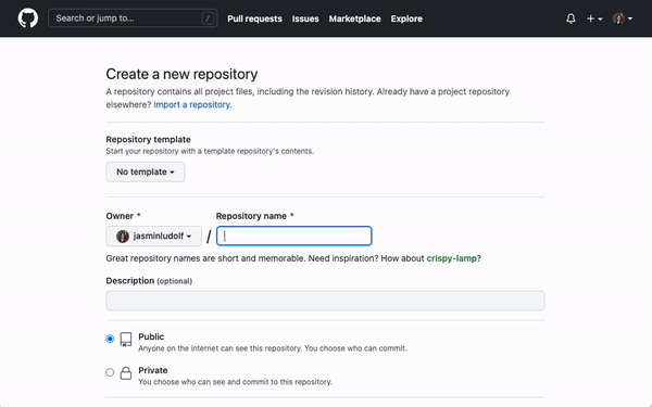 Animated view of the create new repository page with the repo name and description being filled out