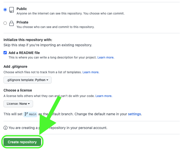 View of the create new repository page on github with the create repository button highlighted